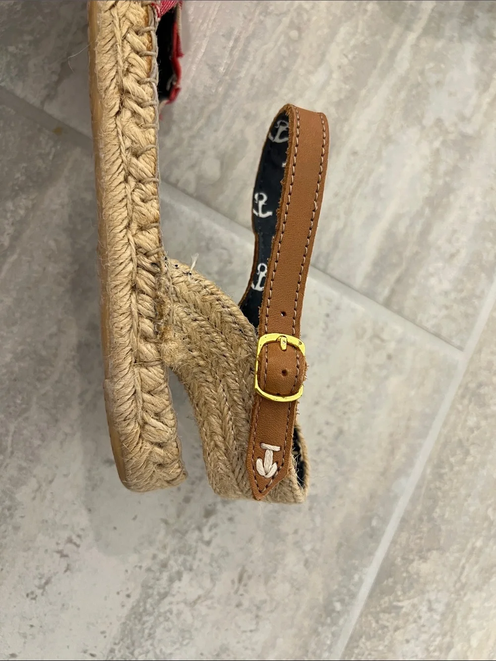 Sperry Red and Cream Striped Espadrille Sandals with Anchor-Print Ankle Strap